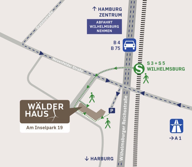 Anfahrtsskizze zum Wälderhaus mit S-Bahn-Station Wilhelmsburg und Parkplatz